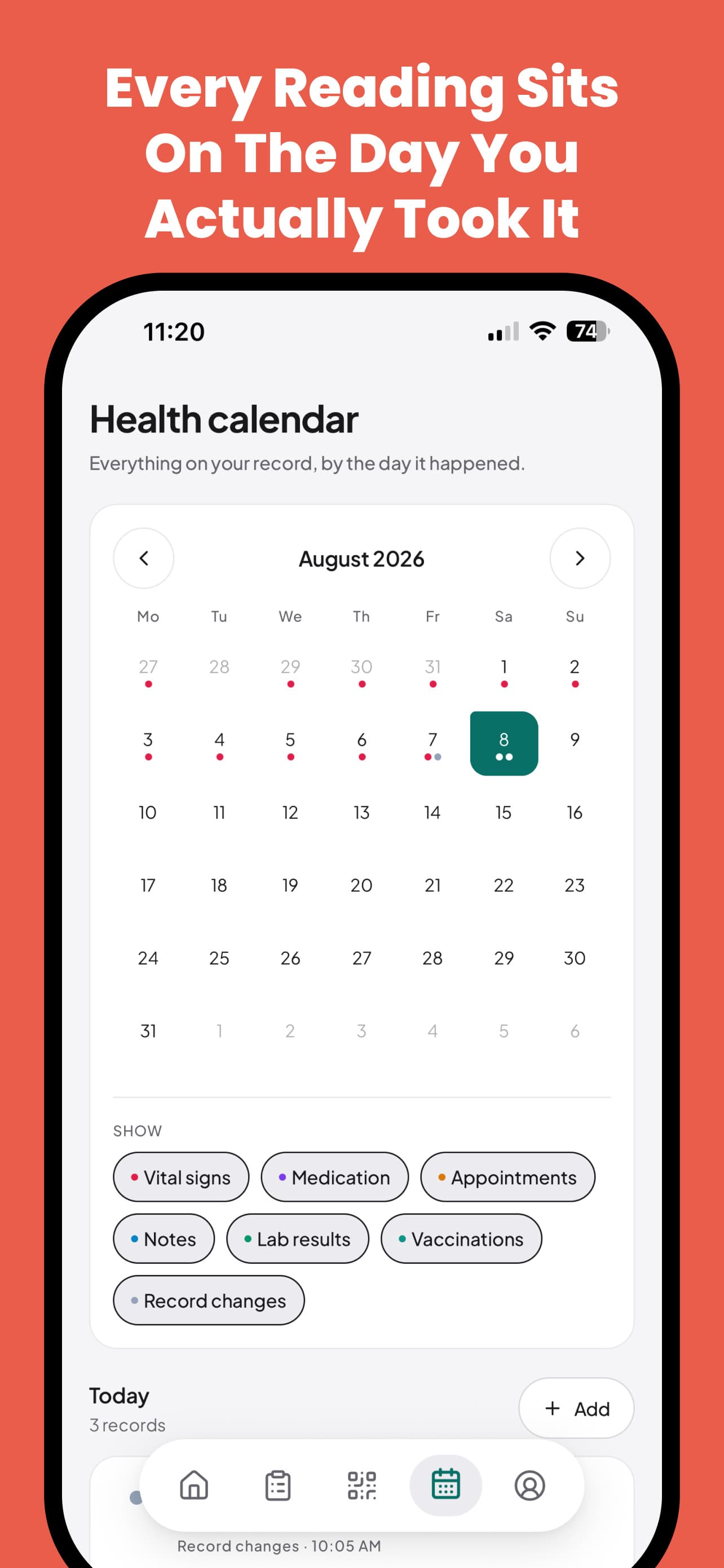 The health calendar — every reading sits on the day it was actually taken.