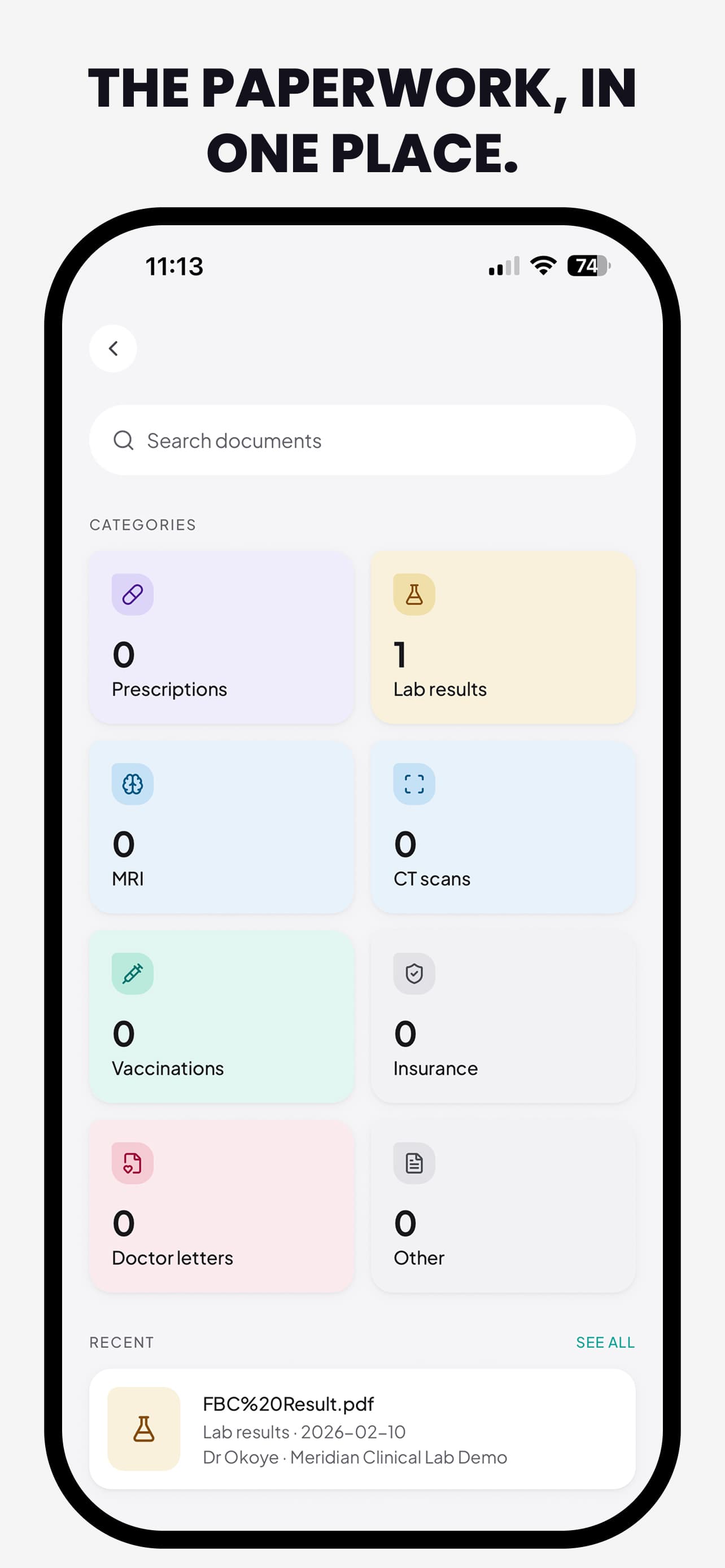 The document organiser — scanning, filing and search for the paperwork a timeline cannot hold.