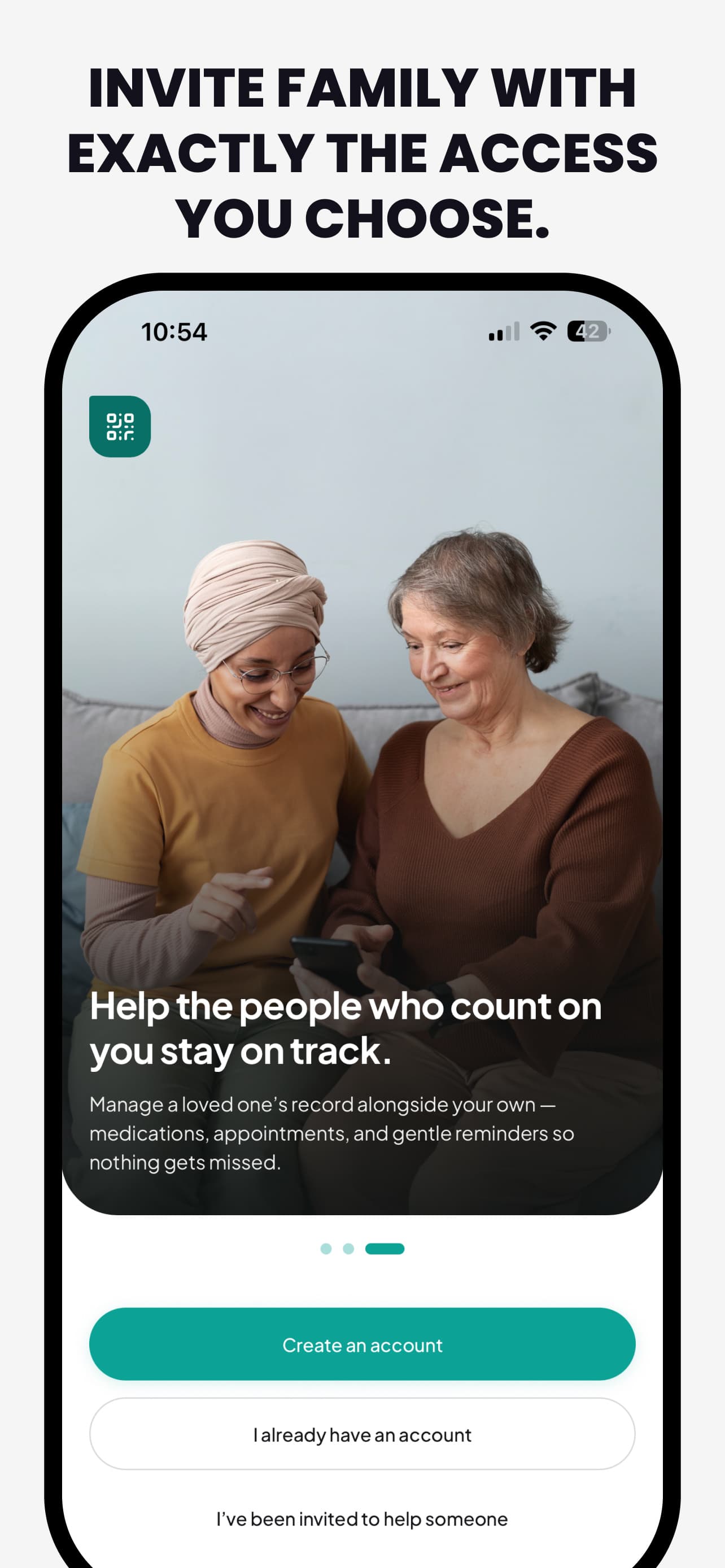 Inviting a carer — persistent, scoped access for the person who attends the appointments with you.