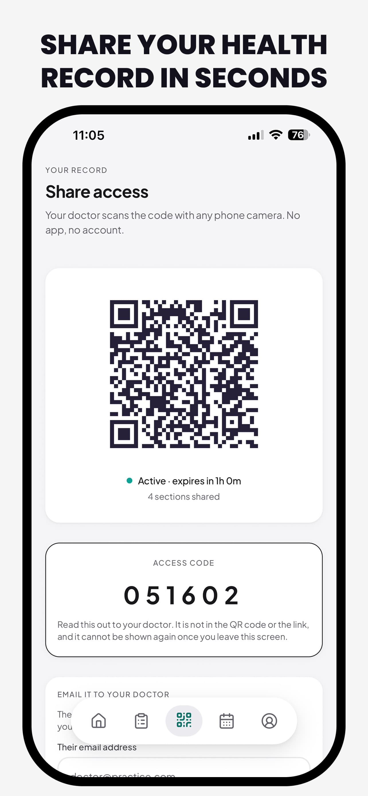 The share sheet — a QR plus a six-digit fallback, with the expiry chosen before the code exists.