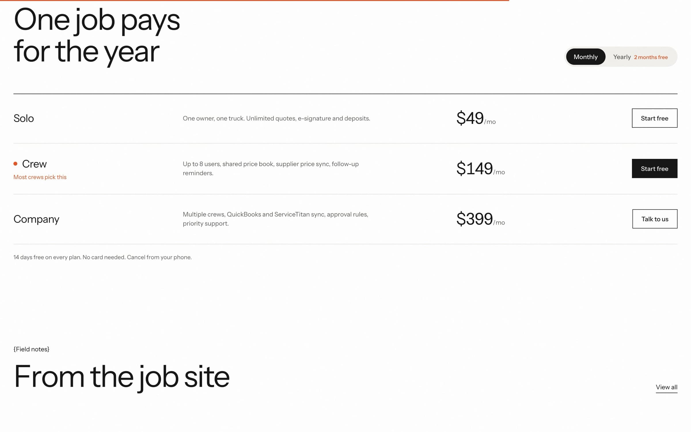 Pricing table