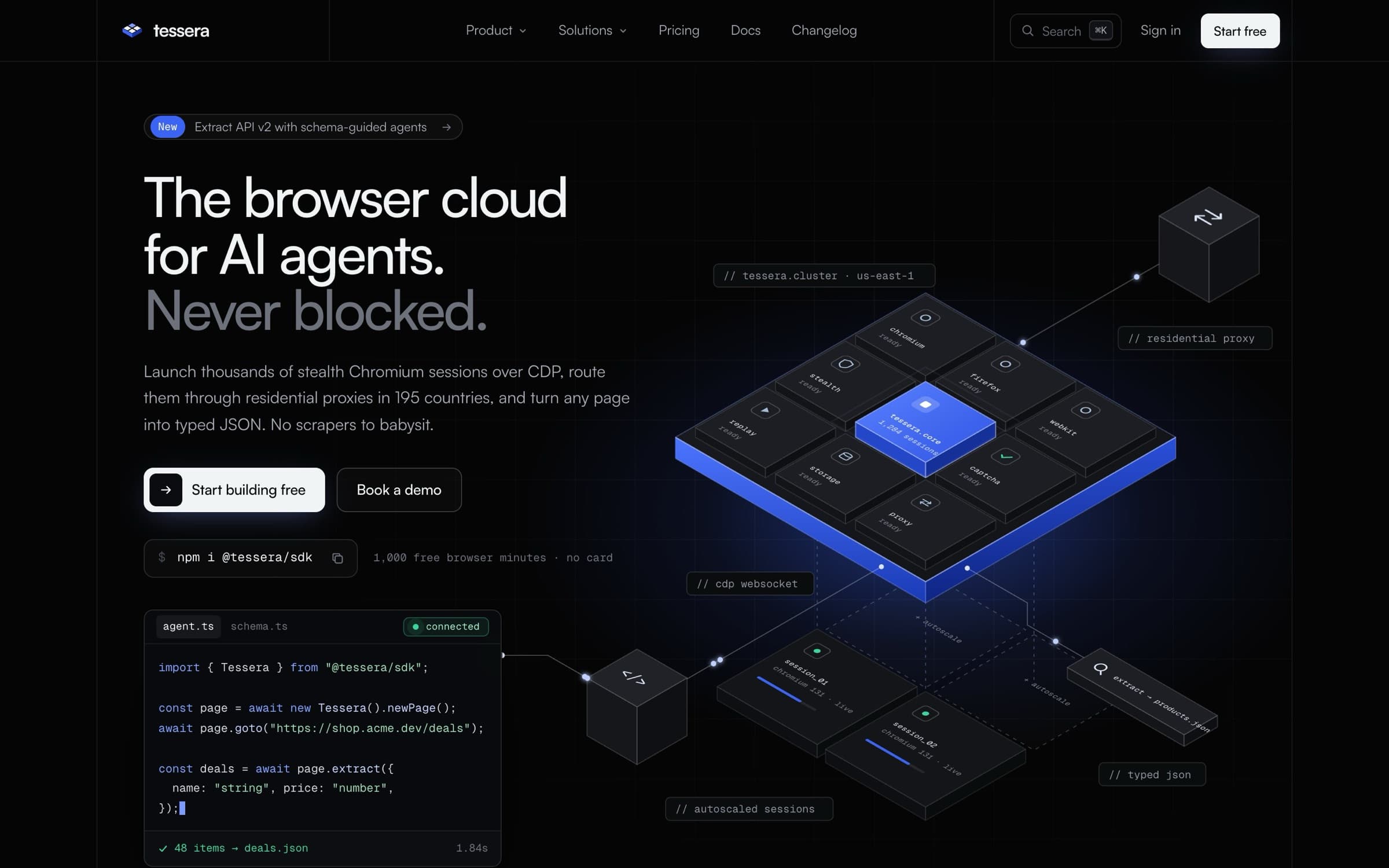 Tessera homepage hero with a code sample and an isometric cluster illustration