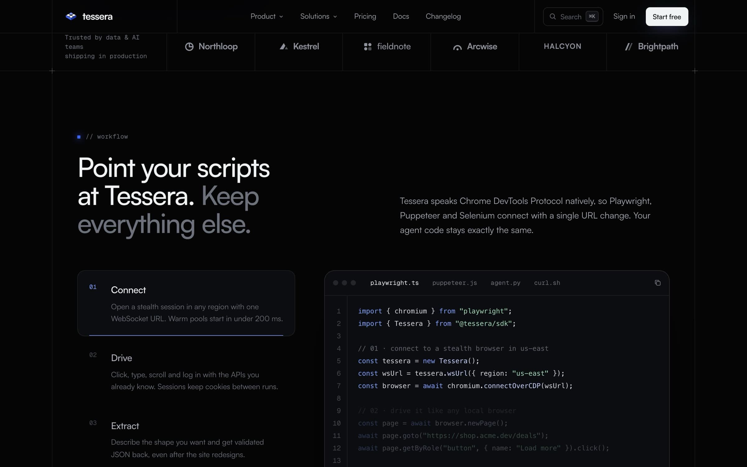Workflow section with a tabbed code editor