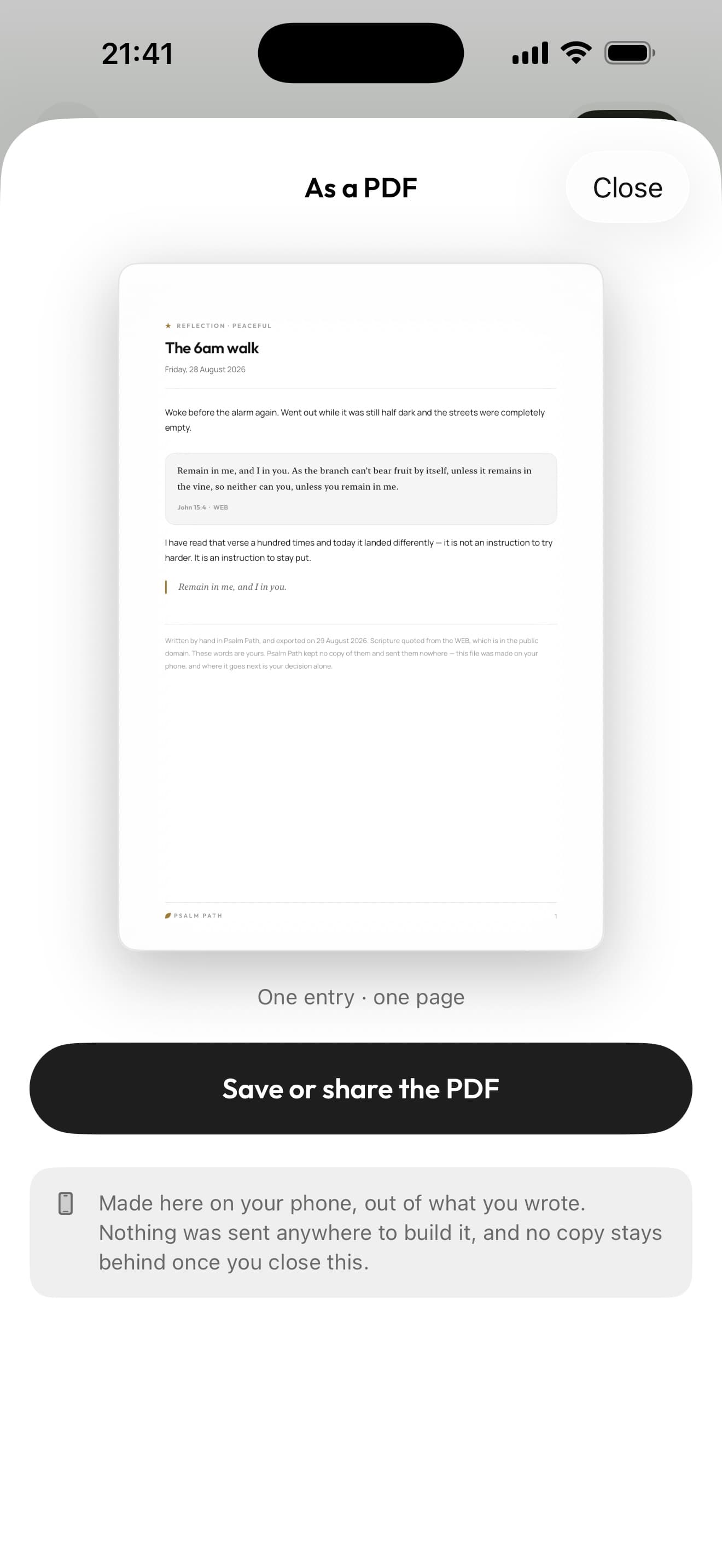Export — everything you have written leaves as a PDF, for nothing, at any time.