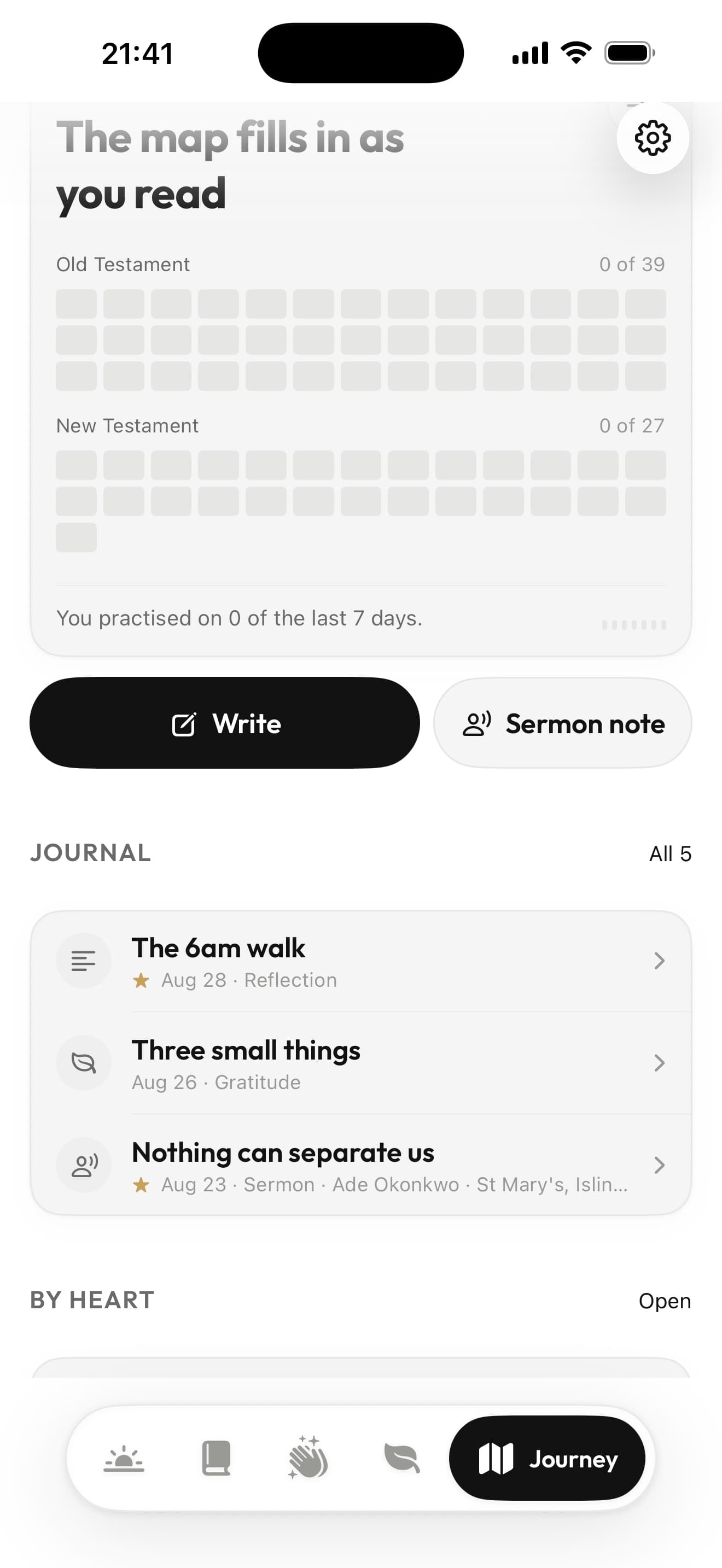 My Journey — the map fills in as you read. Accumulation, not a chain to break.