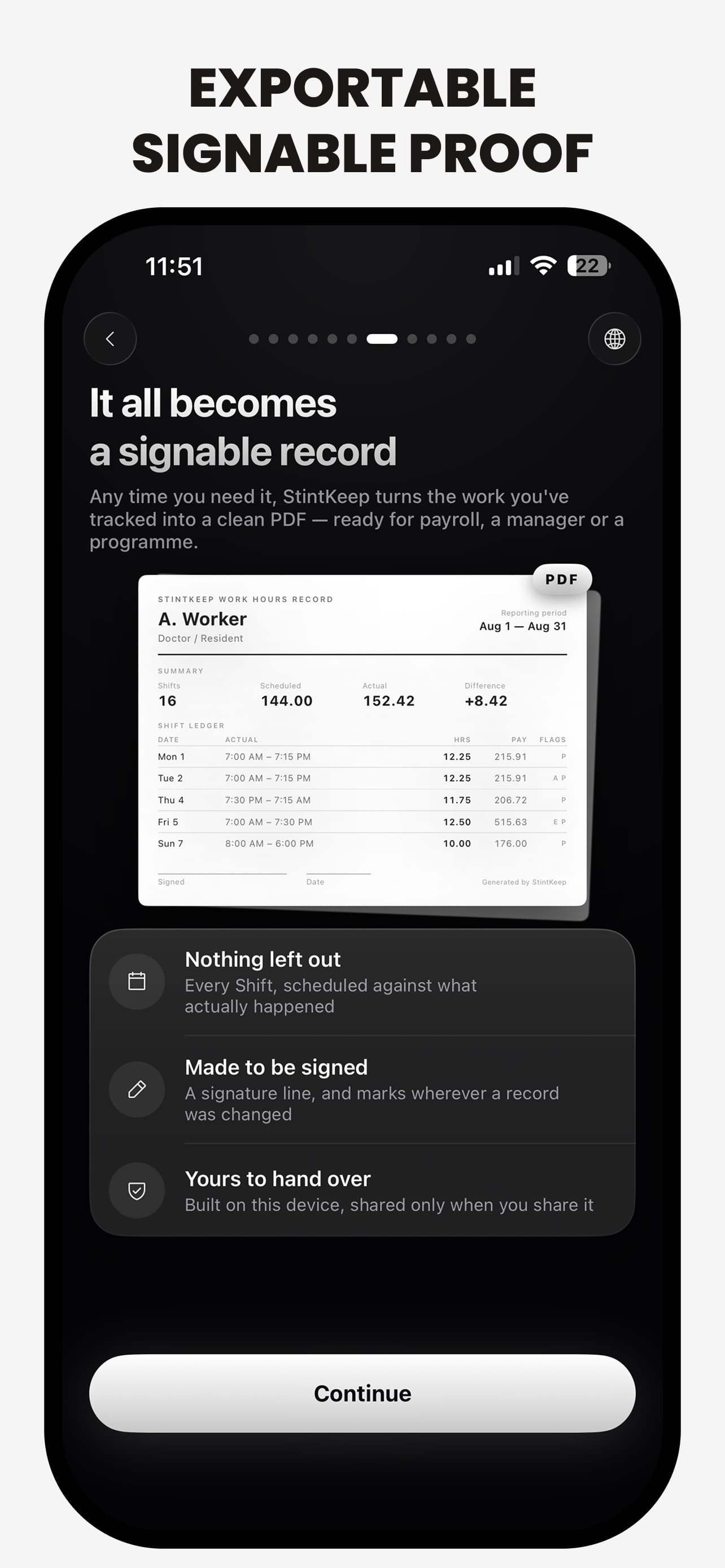 The exported record: a signature line, and marks wherever a record was amended.