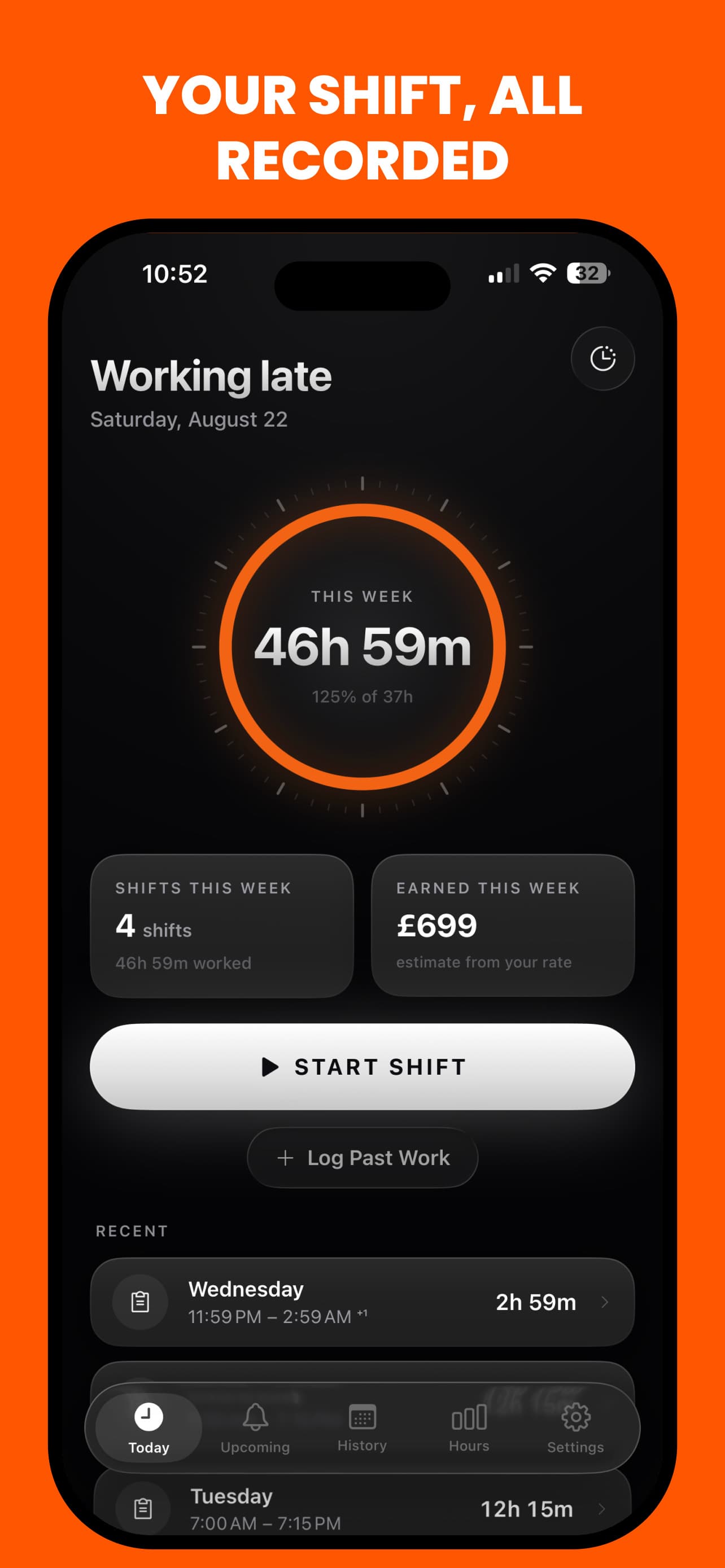 Today — the dial is the screen. Start is one tap, and everything else defers to the running number.