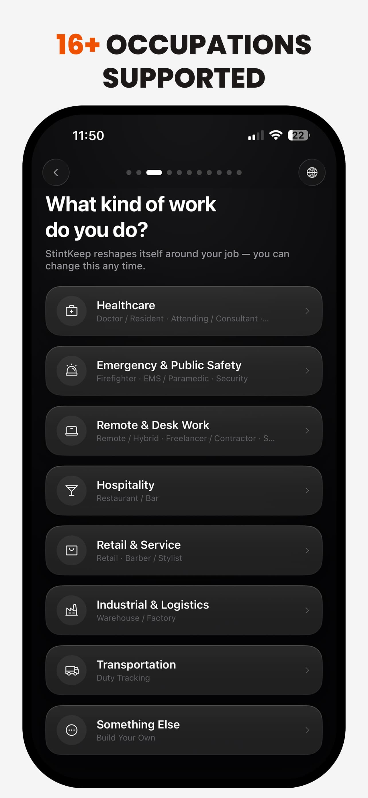 Work Mode selection — the app reshapes its vocabulary around the job.
