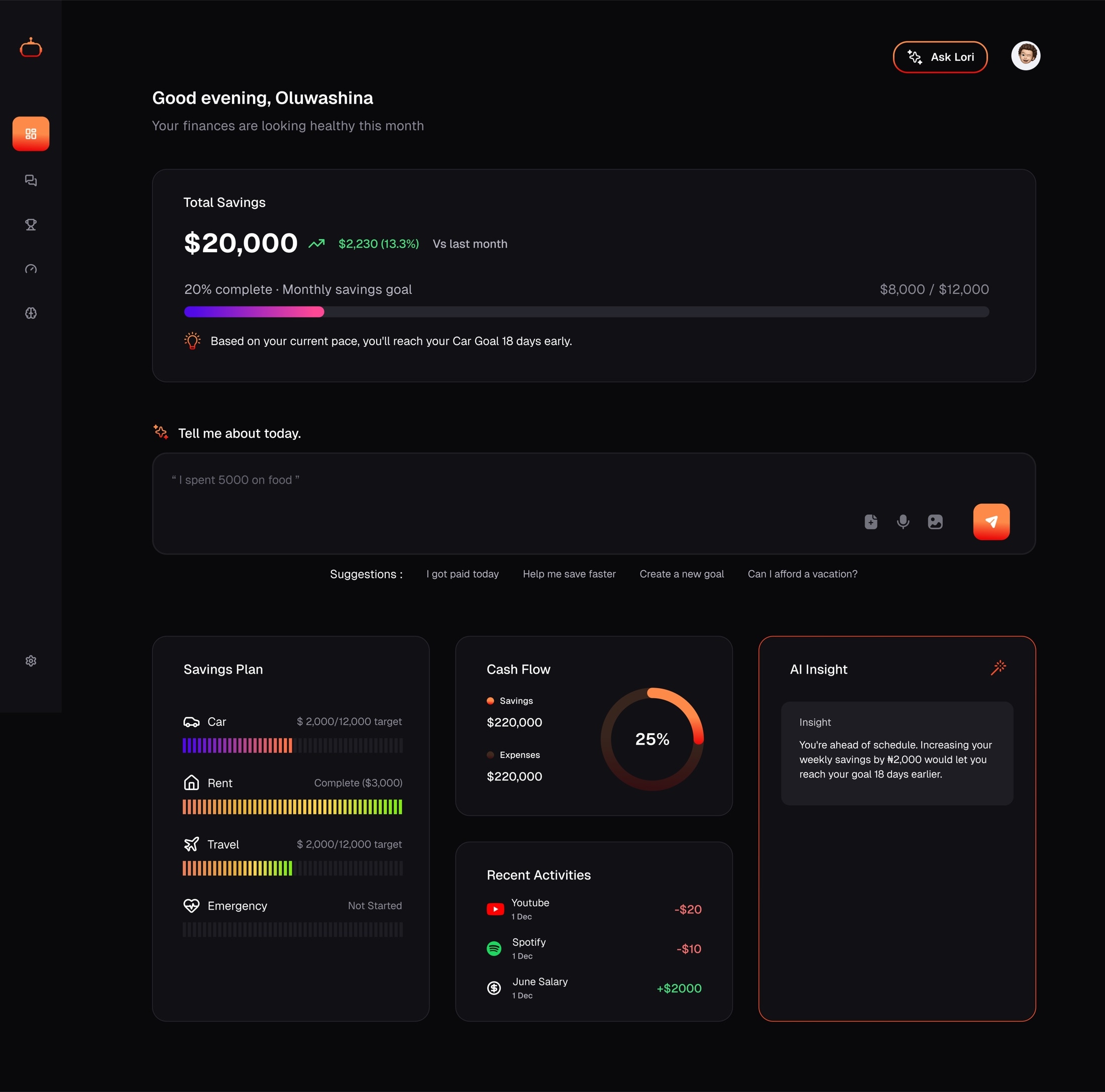 Dashboard: greeting, total savings, goal progress, AI insight strip, then the composer.