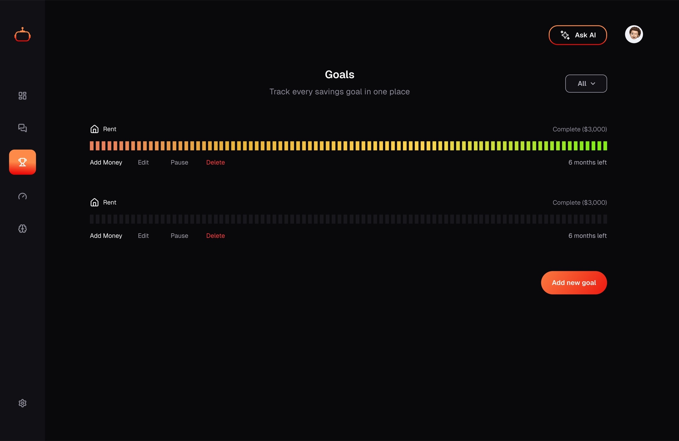 Goal rows: segmented progress fill, inline lifecycle actions, and a plain-language time estimate.