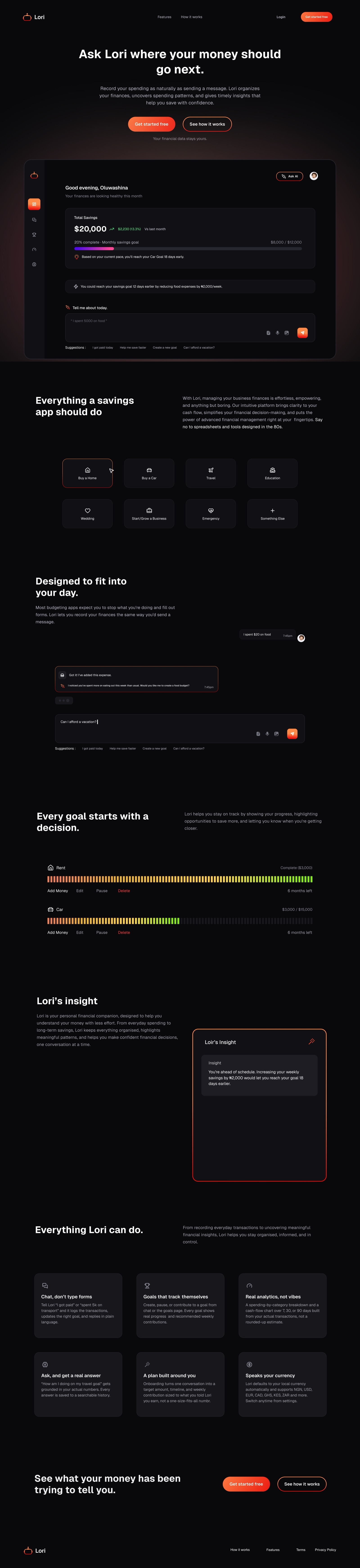 The full marketing landing page — hero, capability grid, live chat and goal-tracking recreations, and the closing CTA, all rendered as one continuous scroll.